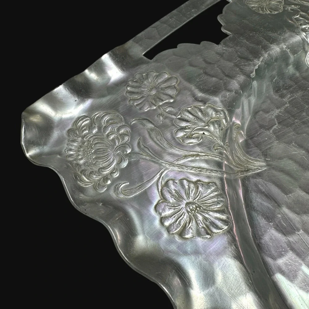 Vintage Hand Forged Hammered Aluminum Floral Serving Tray 88 Ruffled Edge 16.5in